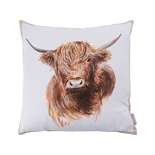 A square white throw pillow featuring a detailed watercolor-style illustration of a Highland cow with long horns, set against a plain white background.