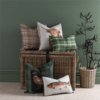 A styled arrangement of decorative throw pillows in plaid and animal-print designs, displayed on and around a wicker storage chest against a dark green wall, with a potted dried plant to the right.