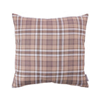A square throw pillow featuring a classic plaid pattern in beige, brown, and white, shown against a plain white background.