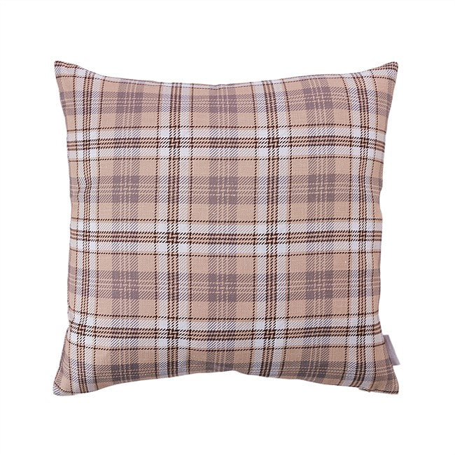 A square throw pillow featuring a classic plaid pattern in beige, brown, and white, shown against a plain white background.