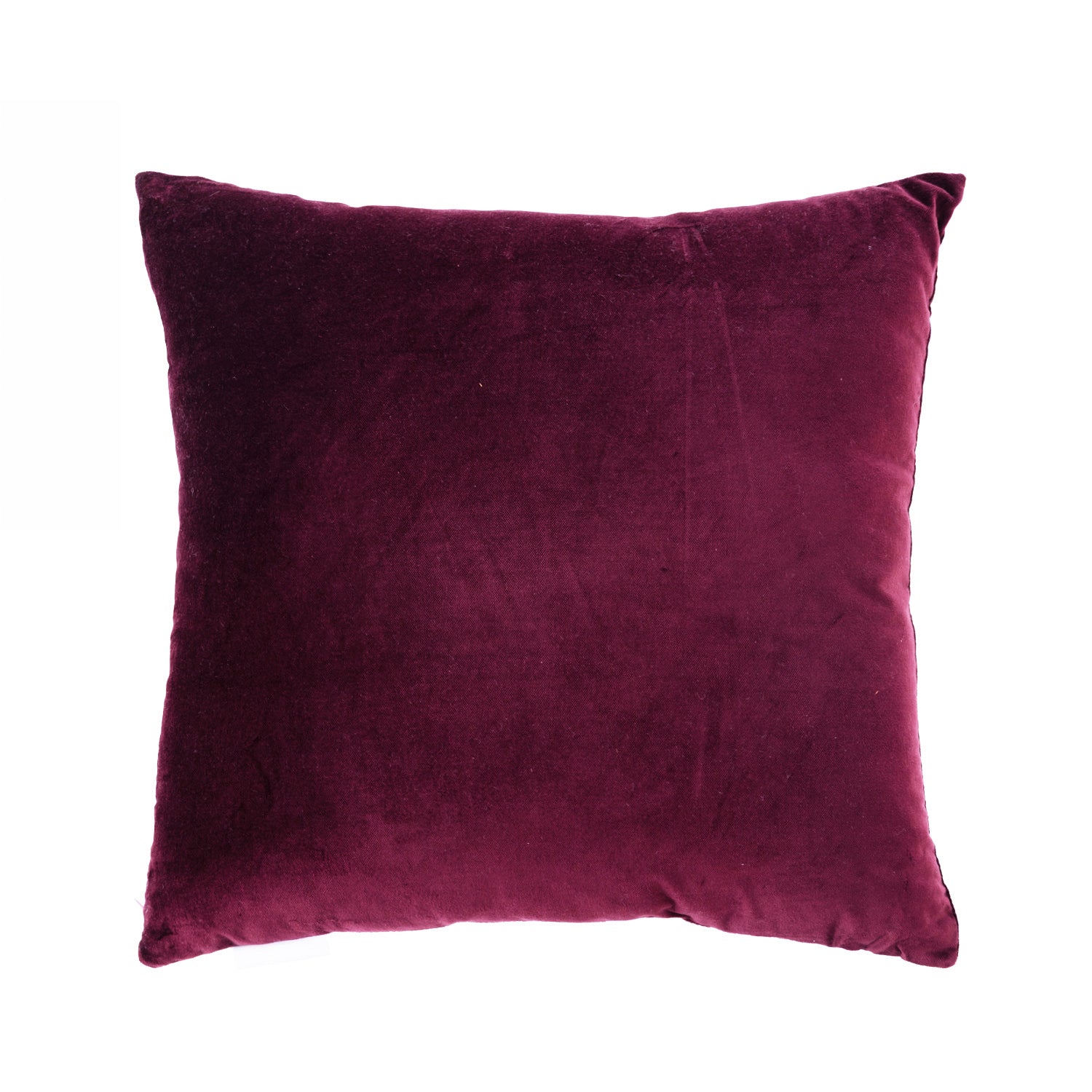 Aubergine velvet cushion on a white background.