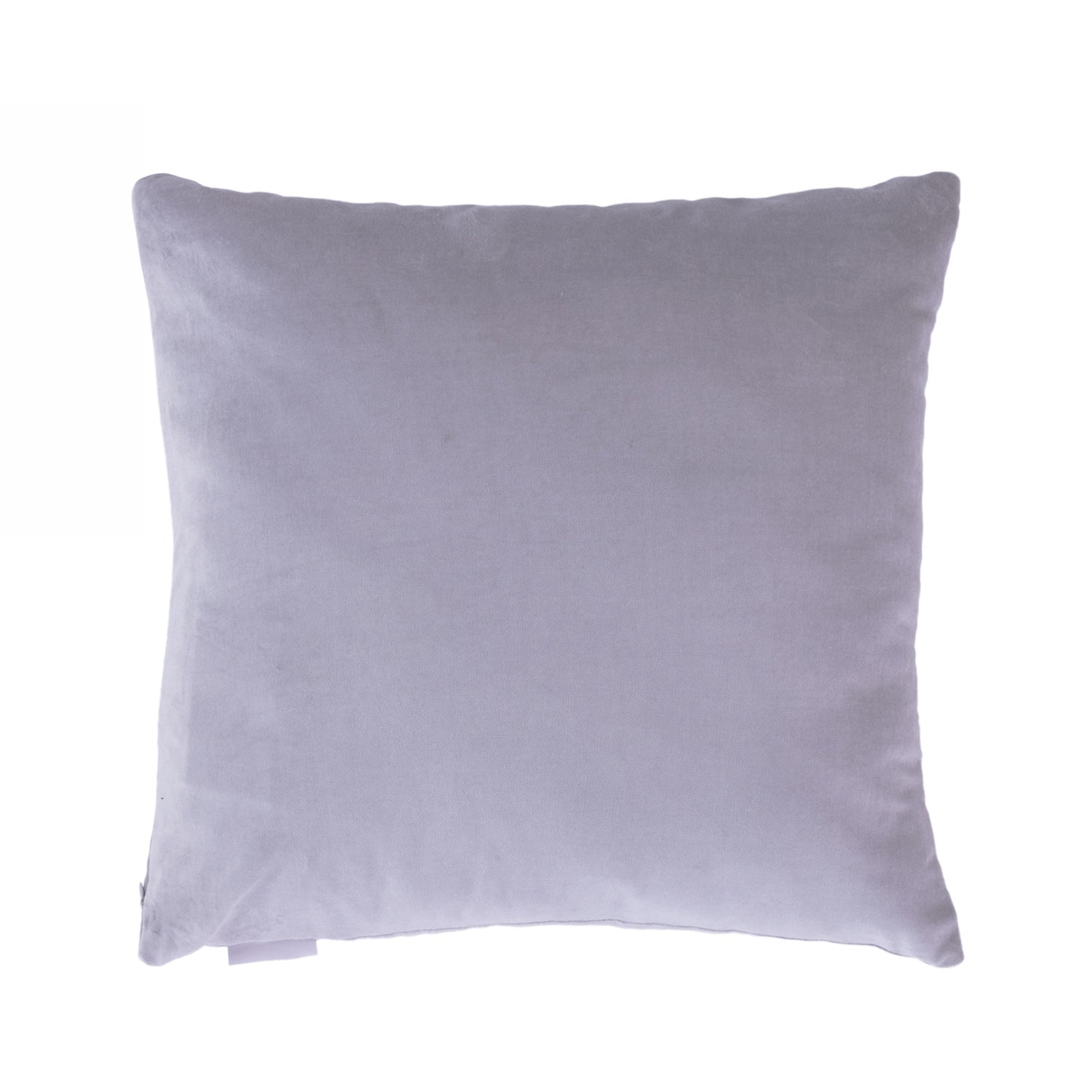 Silver velvet cushion on a white background.