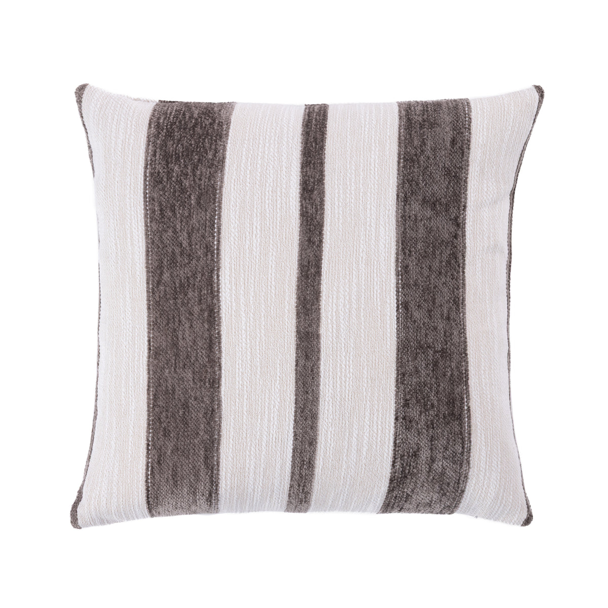 A square cushion featuring vertical stripes in textured silver and off-white, shown against a plain white background.