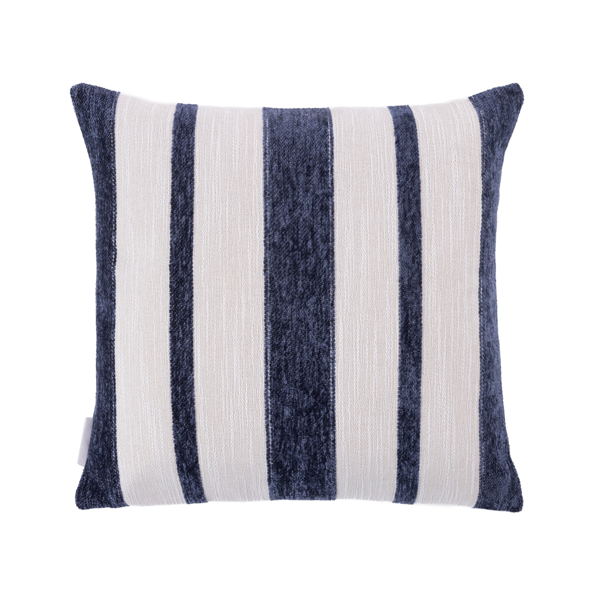 A square cushion featuring vertical stripes in textured navy blue and off-white, shown against a plain white background.