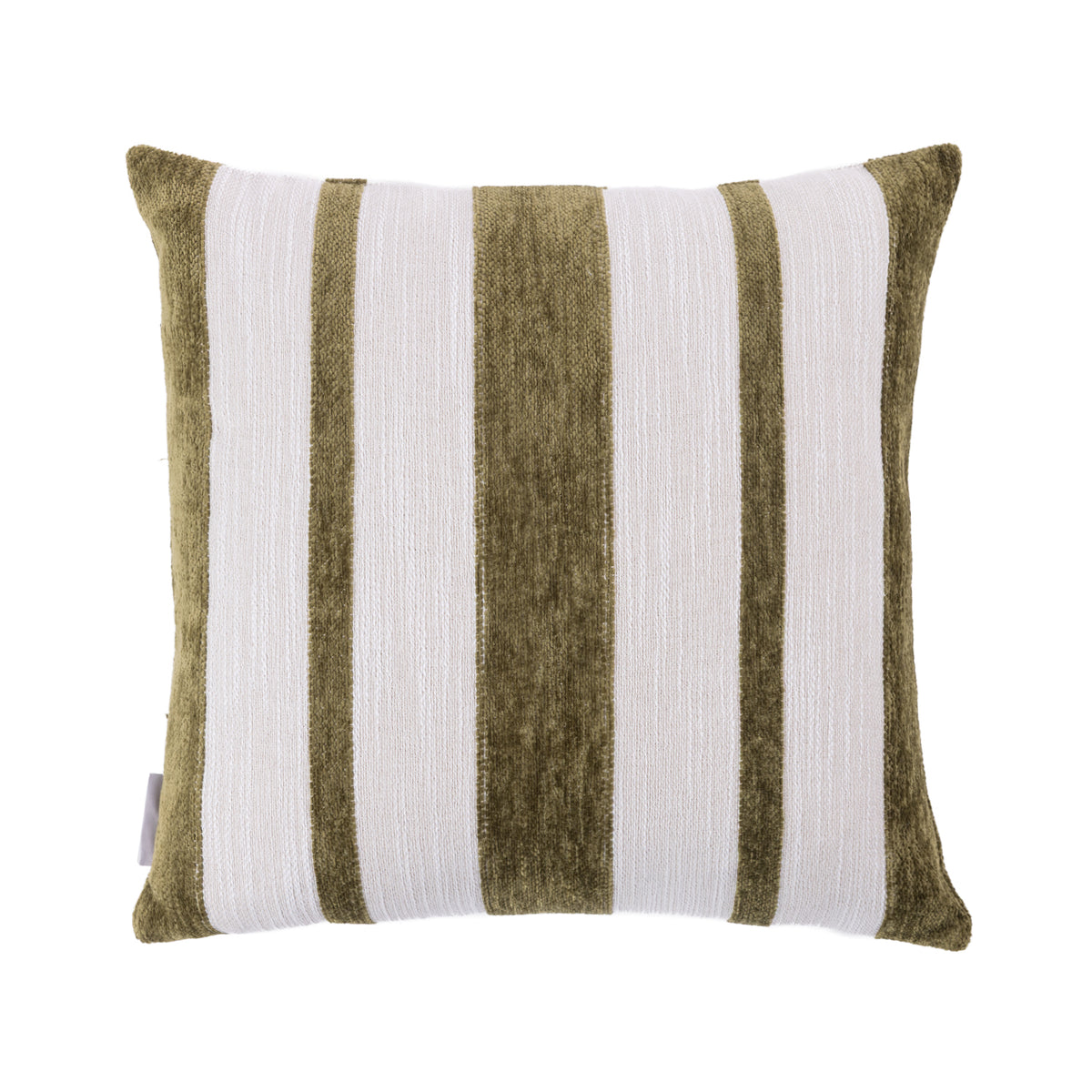 A square cushion featuring vertical stripes in textured olive and off-white, shown against a plain white background.