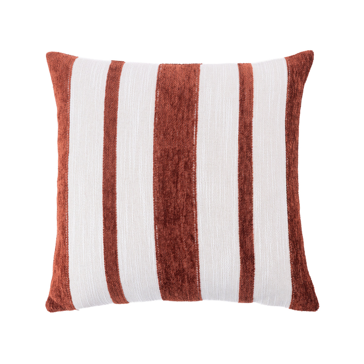 A square cushion featuring vertical stripes in textured rust and off-white, shown against a plain white background.