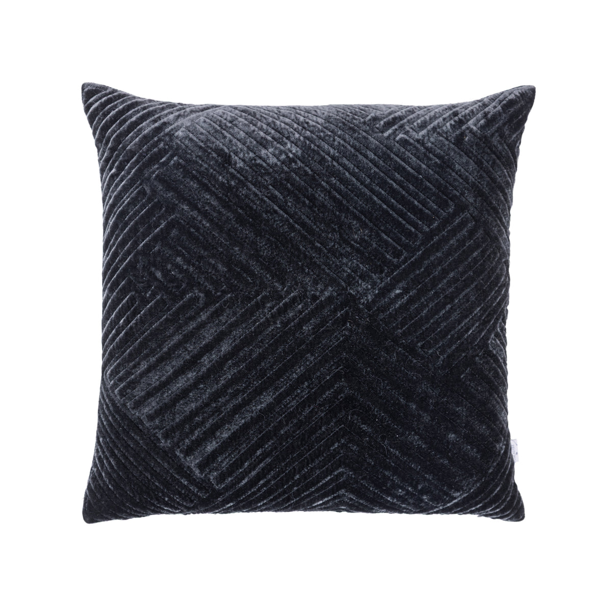 A square black cushion with a textured geometric chevron pattern, shown against a plain white background.