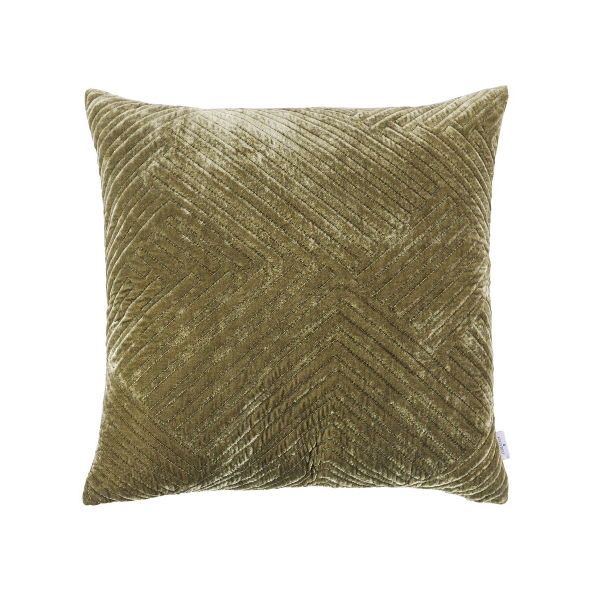 A square olive cushion with a textured geometric chevron pattern, shown against a plain white background.