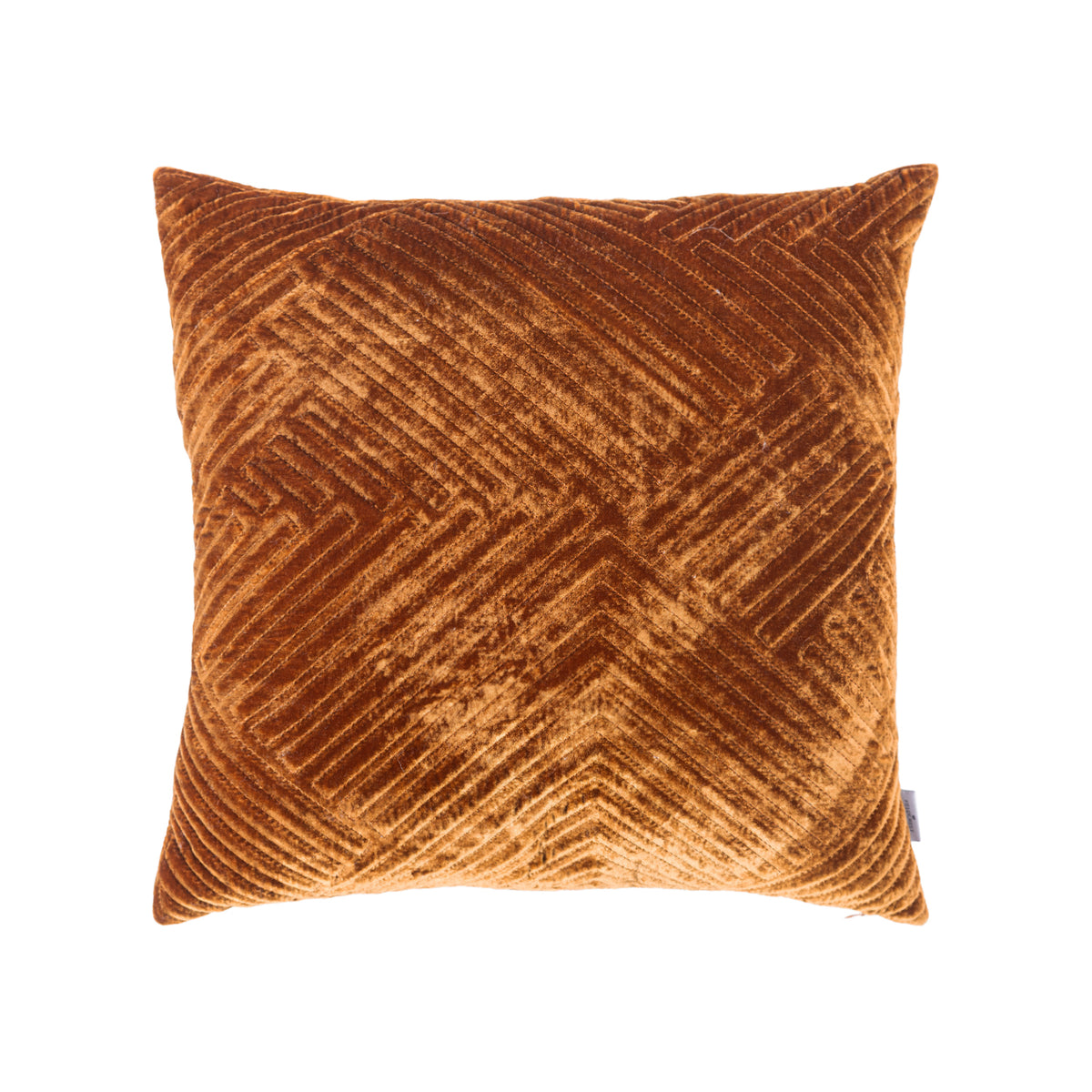 A square rust cushion with a textured geometric chevron pattern, shown against a plain white background.