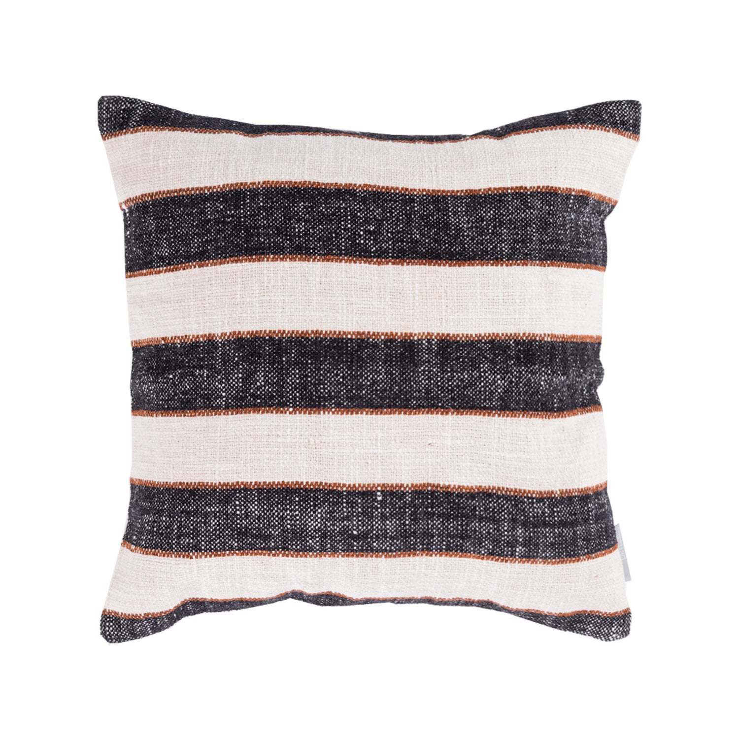 A cream cushion featuring bold charcoal woven stripes with fine terracotta accent lines adds relaxed, modern style and warm texture to any living space.