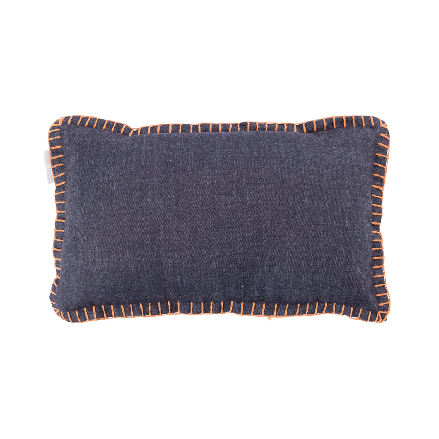 A charcoal breakfast cushion featuring contrasting terracotta blanket-stitch edging adds a warm, contemporary accent with simple, understated style.