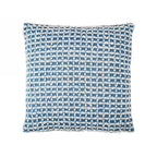 A textured square cushion in blue  tones features a woven checkerboard design that adds depth, softness, and cosy contemporary style.