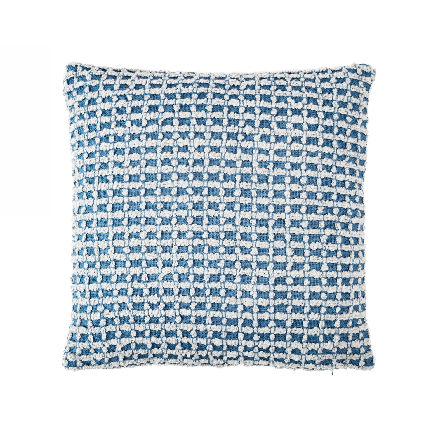 A textured square cushion in blue  tones features a woven checkerboard design that adds depth, softness, and cosy contemporary style.