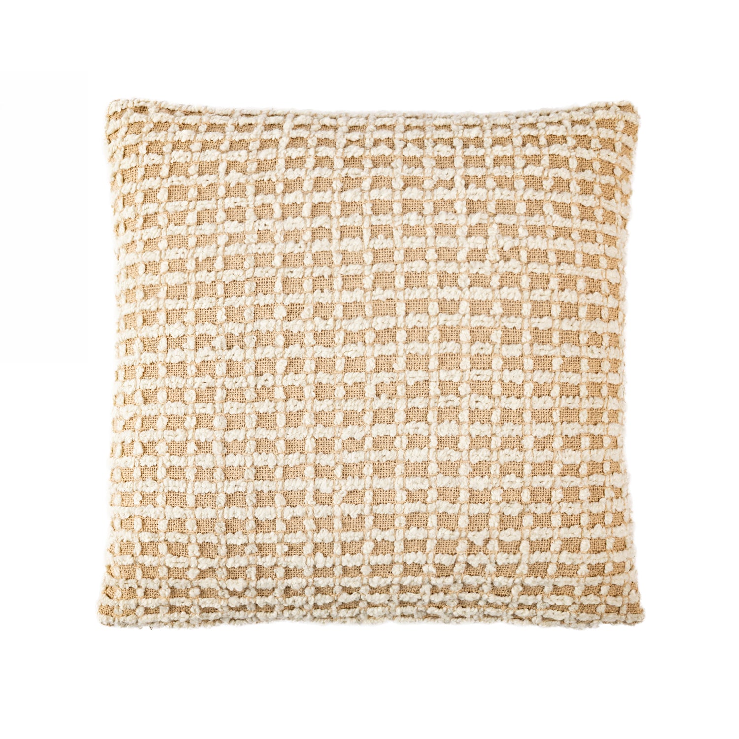 A textured square cushion in natural  tones features a woven checkerboard design that adds depth, softness, and cosy contemporary style.