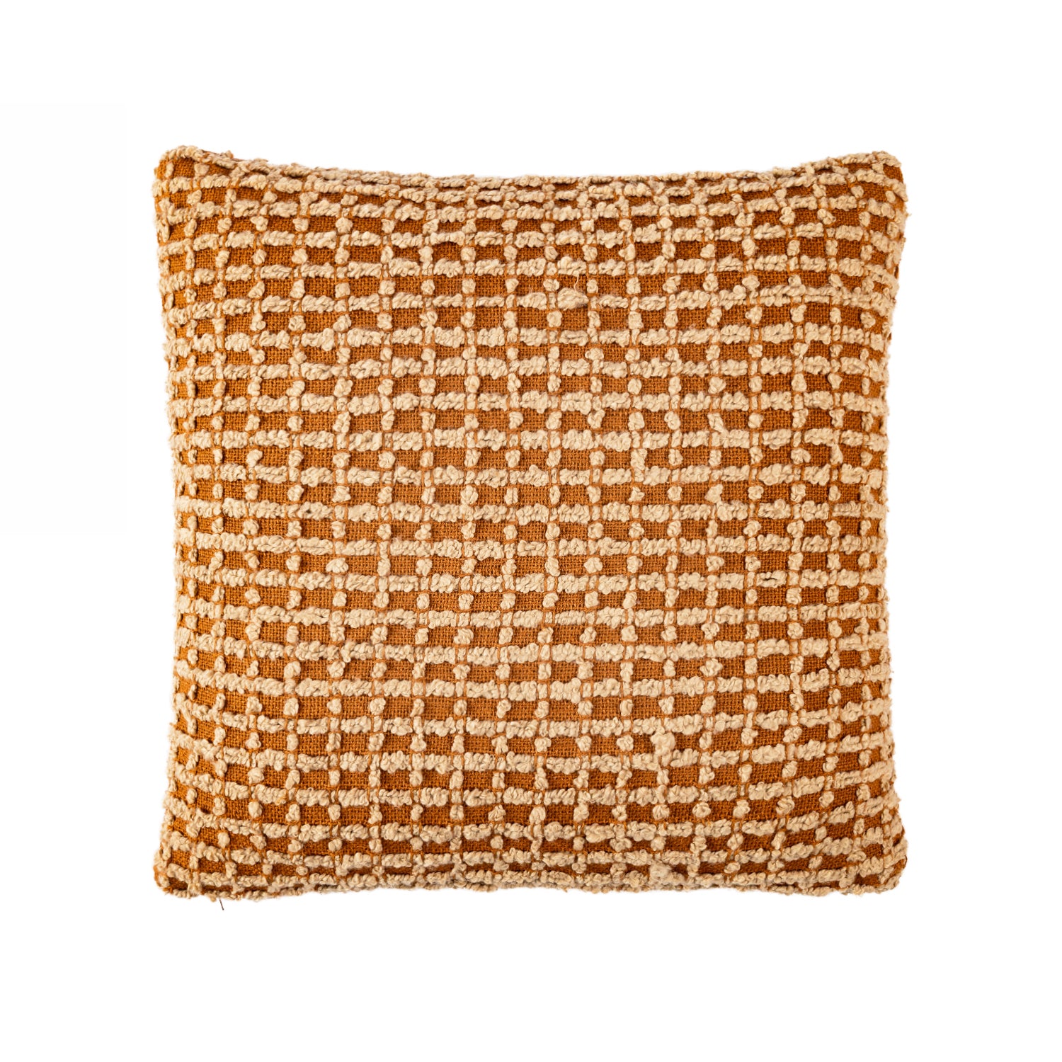 A textured square cushion in warm rust  tones features a woven checkerboard design that adds depth, softness, and cosy contemporary style.
