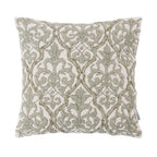 A cream cushion featuring an elegant sage green embroidered damask pattern adds timeless texture and classic sophistication to any living space.