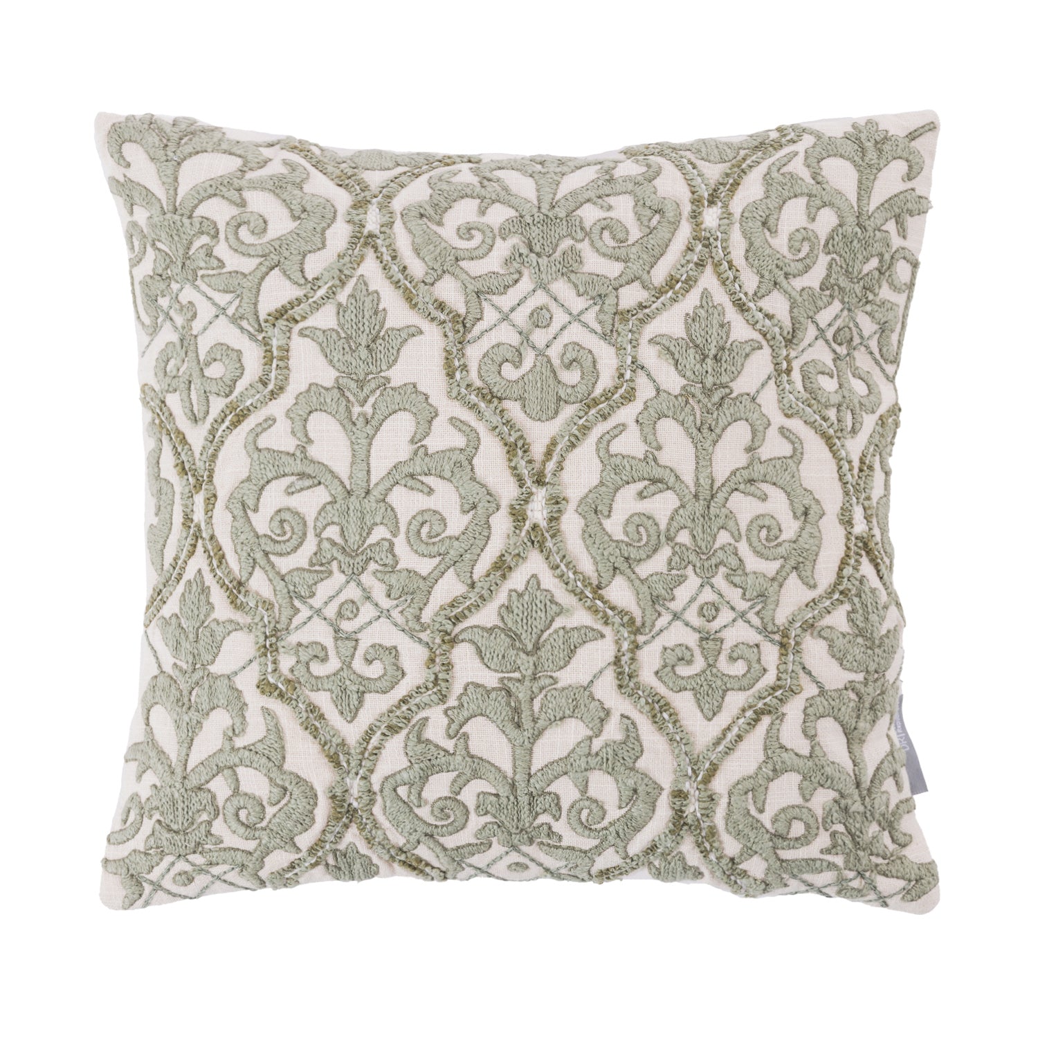 A cream cushion featuring an elegant sage green embroidered damask pattern adds timeless texture and classic sophistication to any living space.