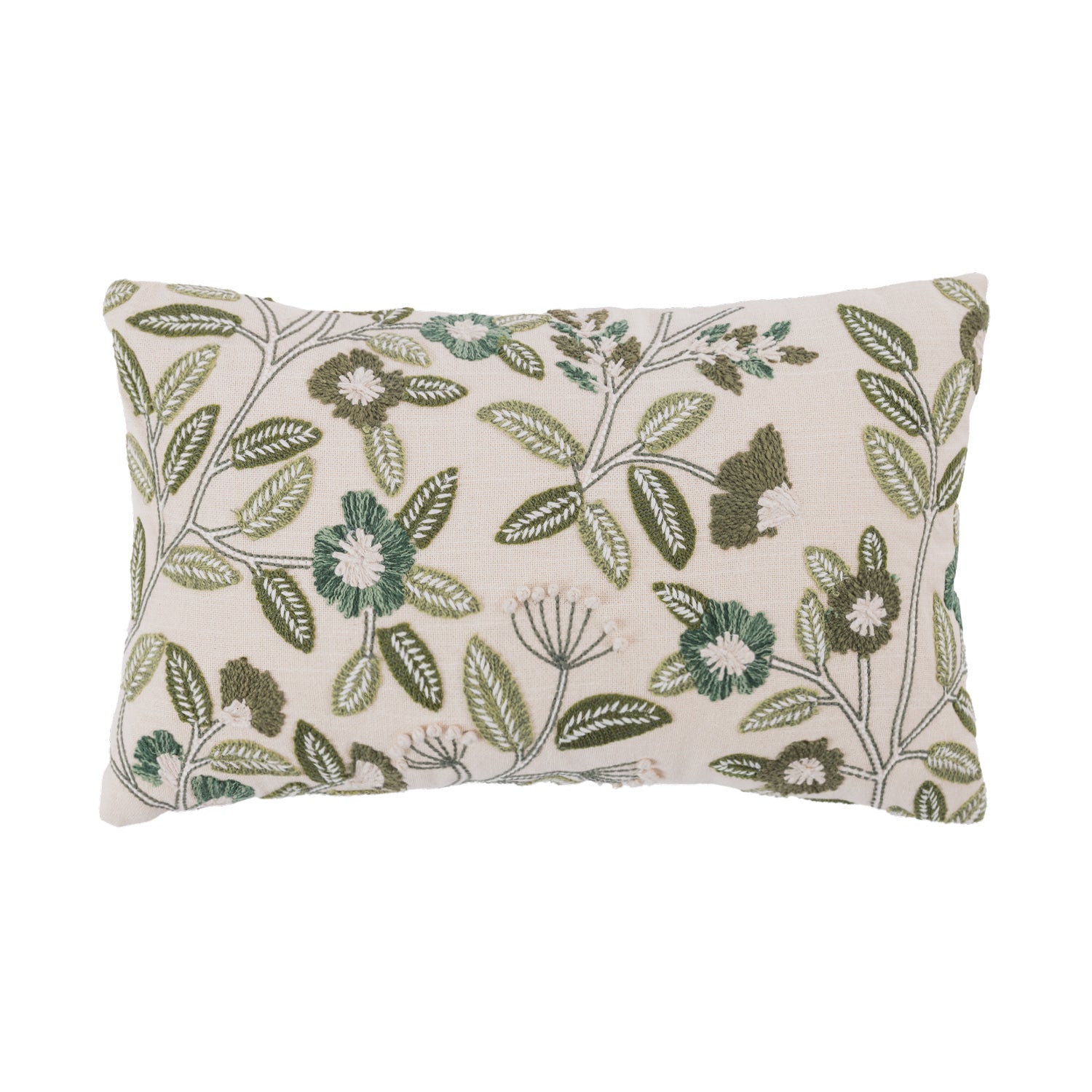 A cream breakfast cushion featuring an embroidered green botanical floral pattern adds fresh colour, texture, and a relaxed natural feel to any living space.