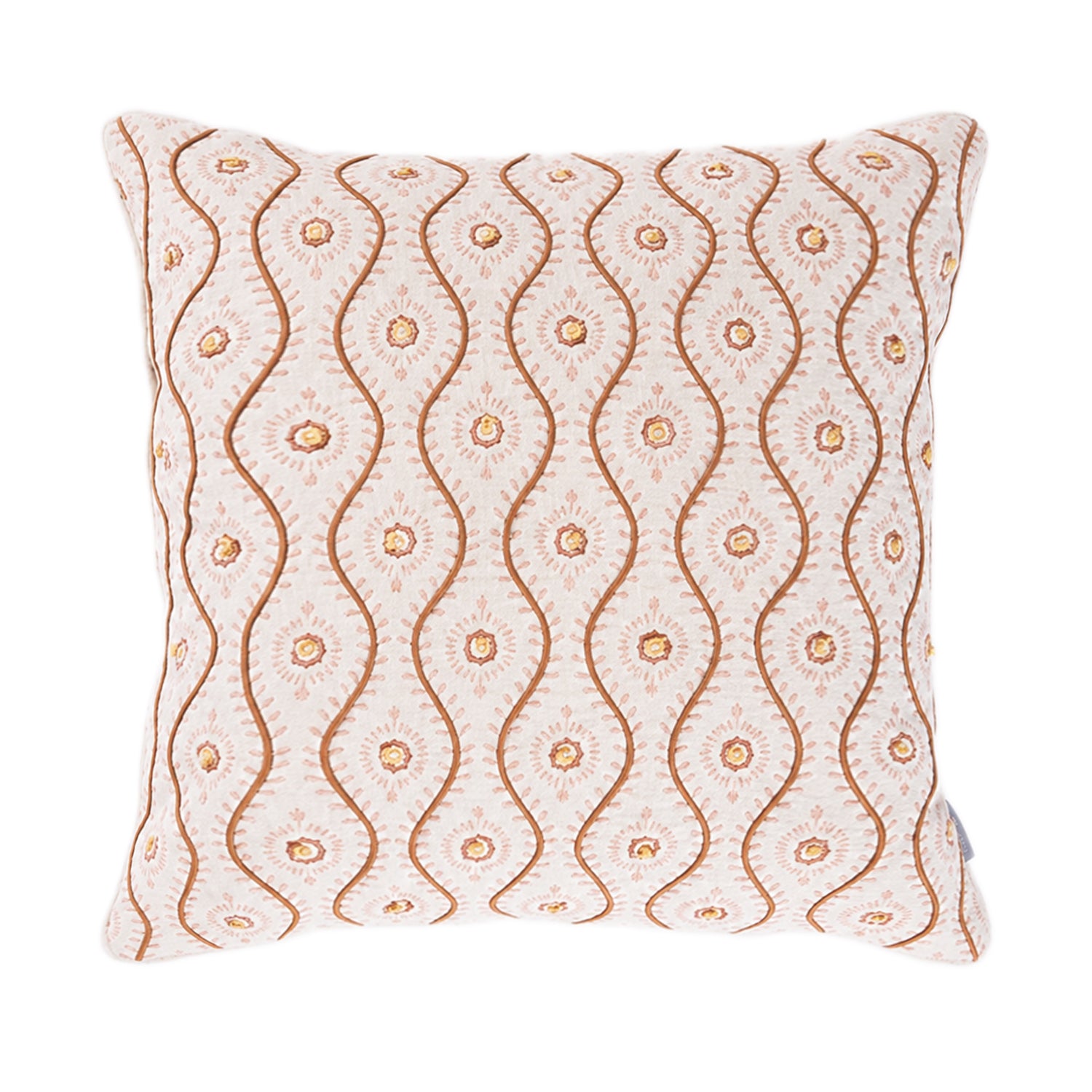 A soft cushion featuring an embroidered geometric floral pattern with wavy stitched detailing adds warmth, texture, and a charming decorative touch to any living space.