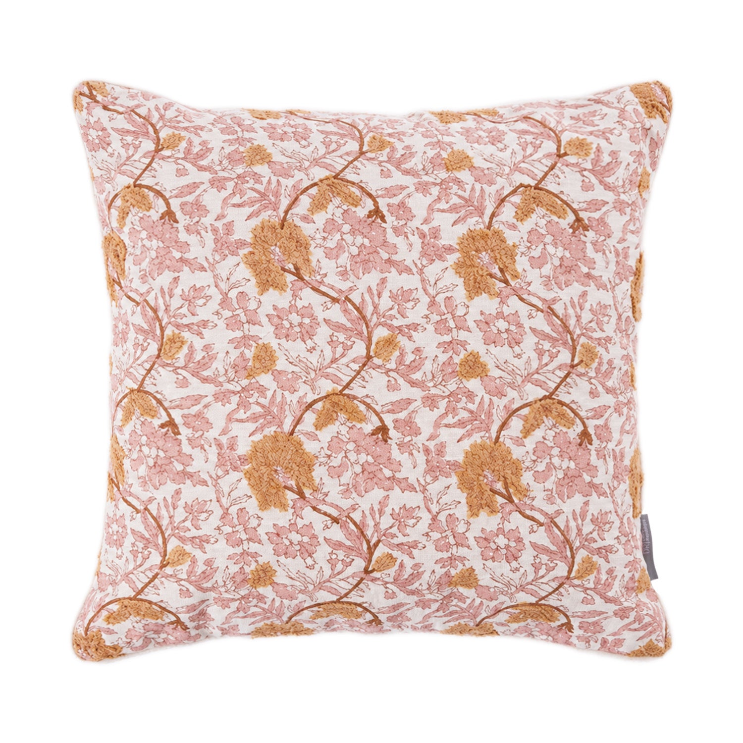 A soft cream cushion featuring a delicate blush floral print with tufted mustard botanical accents adds warmth, texture, and timeless charm to any living space.