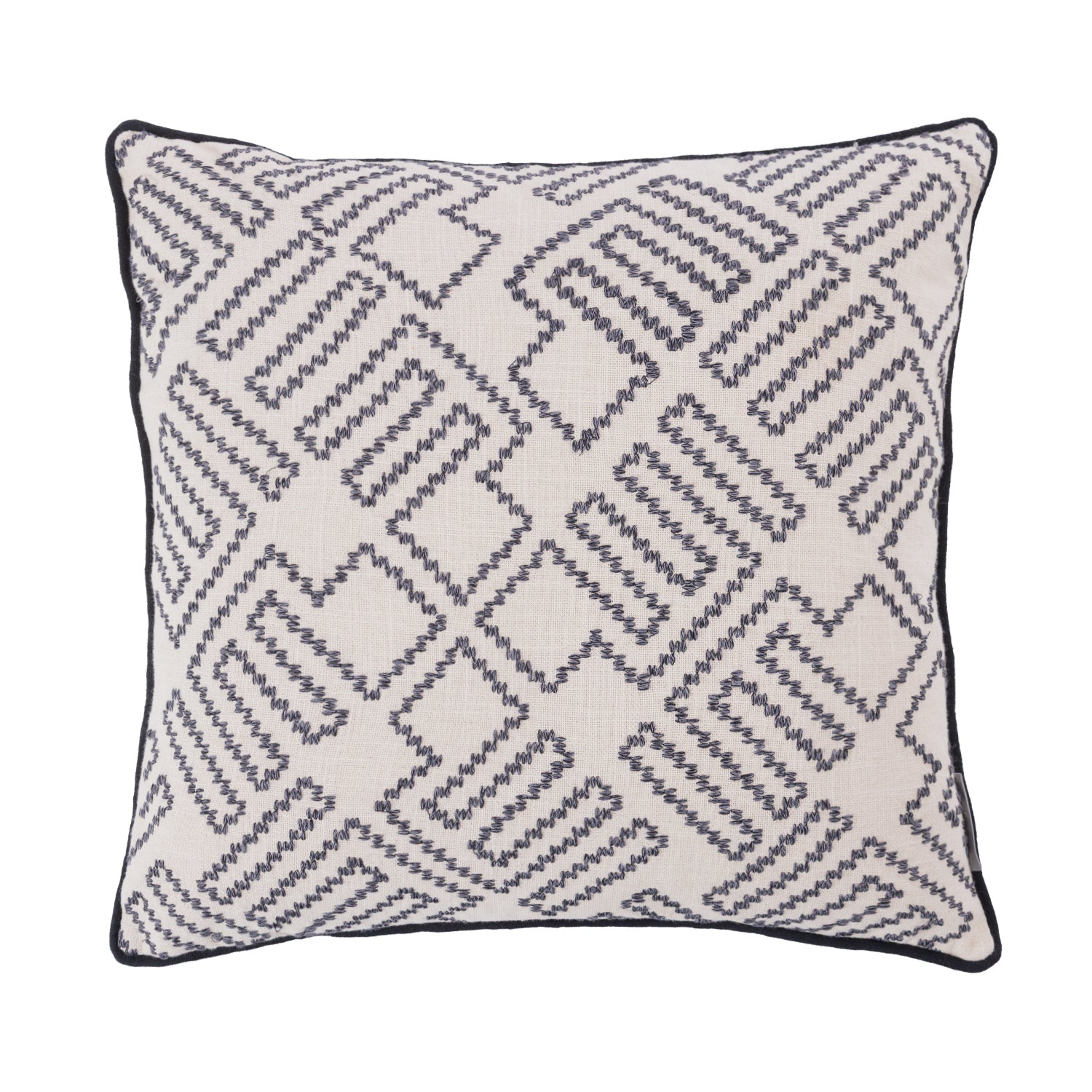 A cream cushion featuring a navy embroidered geometric pattern with contrasting piped edging adds modern texture and timeless style to any living space.