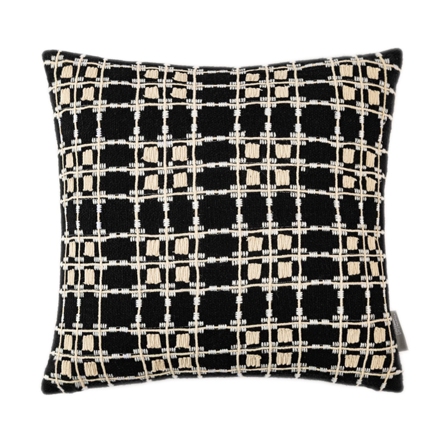 A black cushion featuring a cream embroidered windowpane grid pattern adds bold contrast, rich texture, and contemporary style to any living space.
