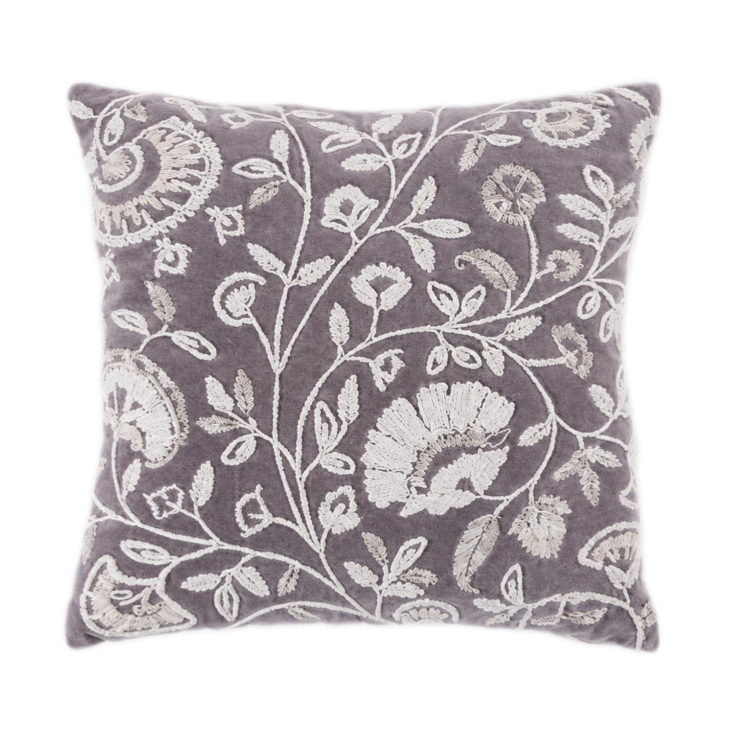 A soft charcoal cushion featuring an intricate ivory embroidered botanical pattern adds elegant texture, timeless charm, and a sophisticated touch to any living space.