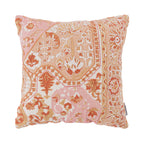 A decorative cushion featuring an intricate embroidered patchwork design in warm blush, terracotta, and ochre tones adds rich texture, colour, and vintage-inspired charm to any living space.