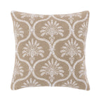 A natural linen-look cushion featuring an elegant white embroidered medallion pattern adds timeless texture and understated sophistication to any living space.