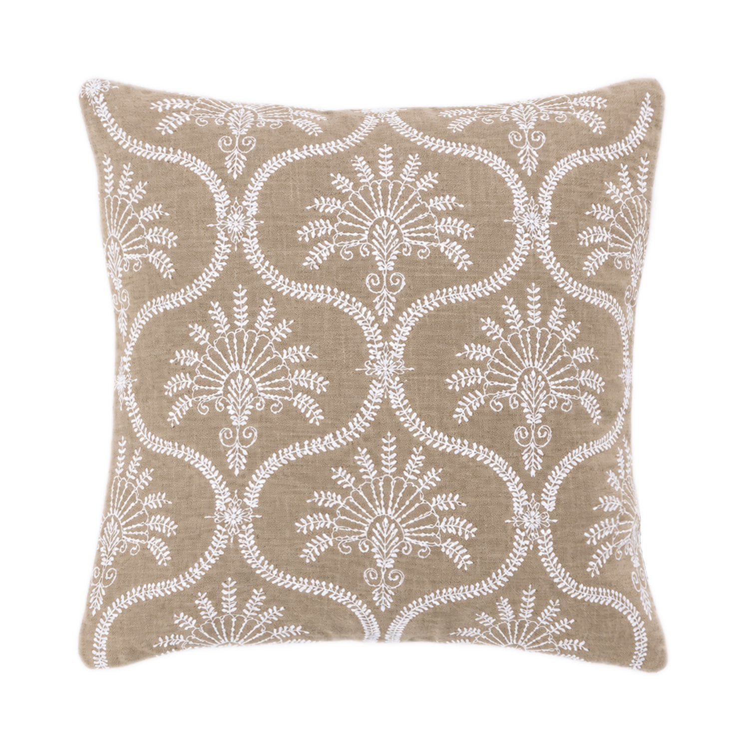 A natural linen-look cushion featuring an elegant white embroidered medallion pattern adds timeless texture and understated sophistication to any living space.