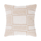 A neutral-toned cushion featuring a textured woven windowpane design with tufted detailing adds subtle texture and contemporary warmth to any living space.