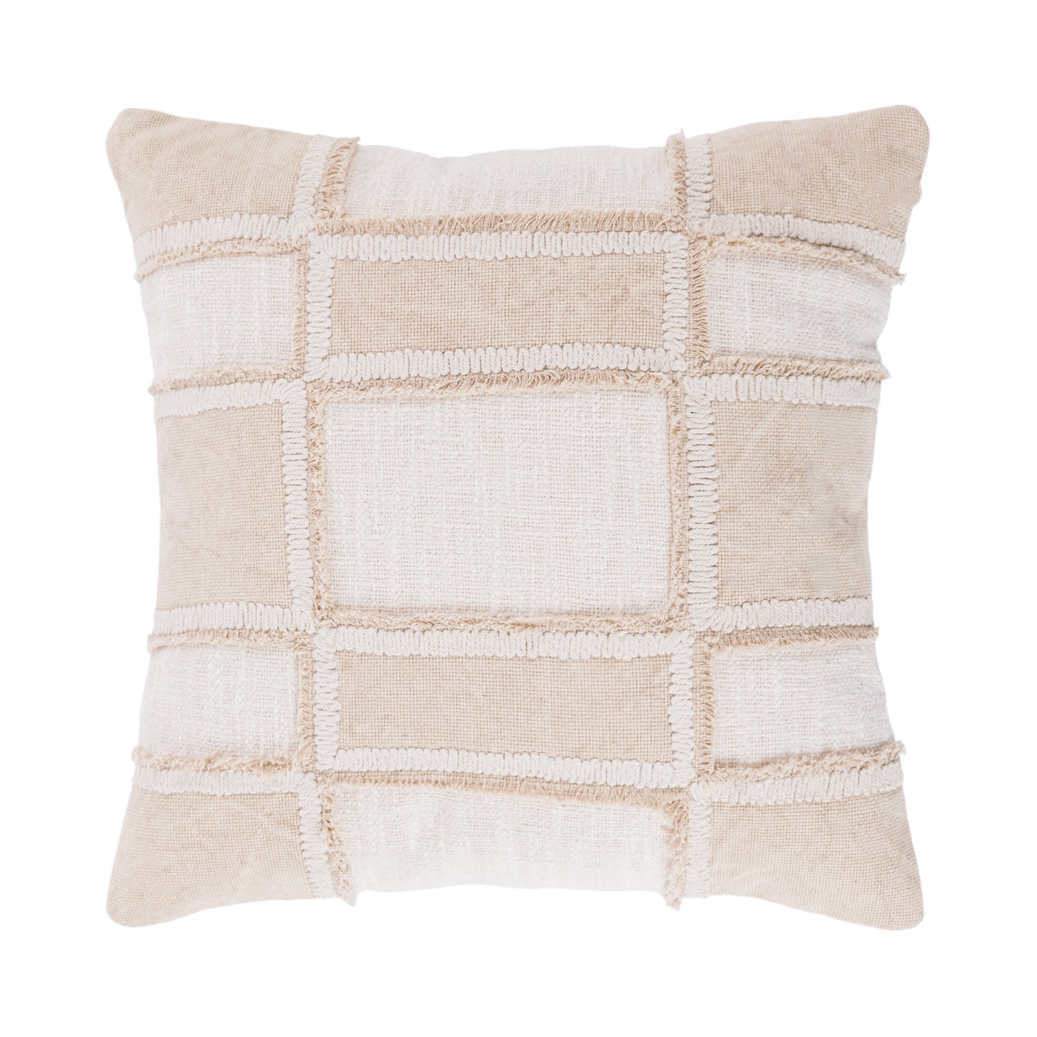 A neutral-toned cushion featuring a textured woven windowpane design with tufted detailing adds subtle texture and contemporary warmth to any living space.