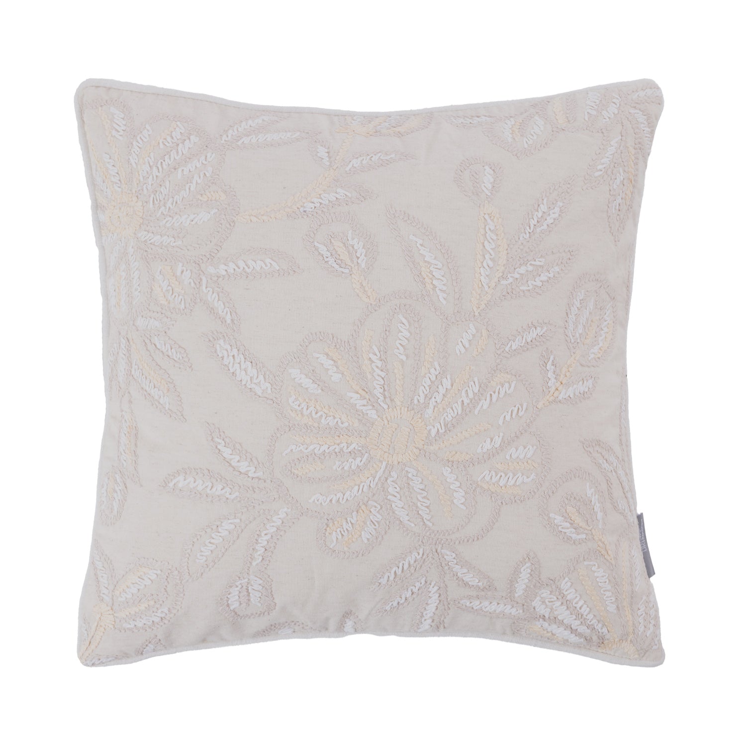 A soft ivory cushion featuring an intricately embroidered floral pattern in tonal cream thread adds elegant texture and understated sophistication to any living space.
