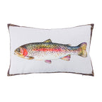 A rectangular white throw pillow with a brown border, featuring a detailed watercolor illustration of a rainbow trout on the front.