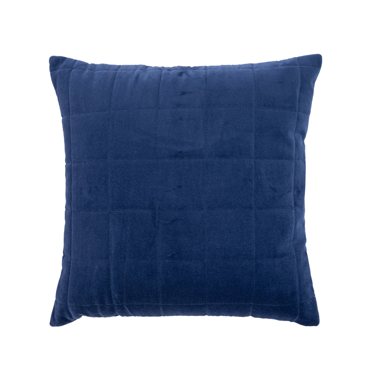 A square blue velvet cushion with a subtle grid-quilted texture, shown against a plain white background.