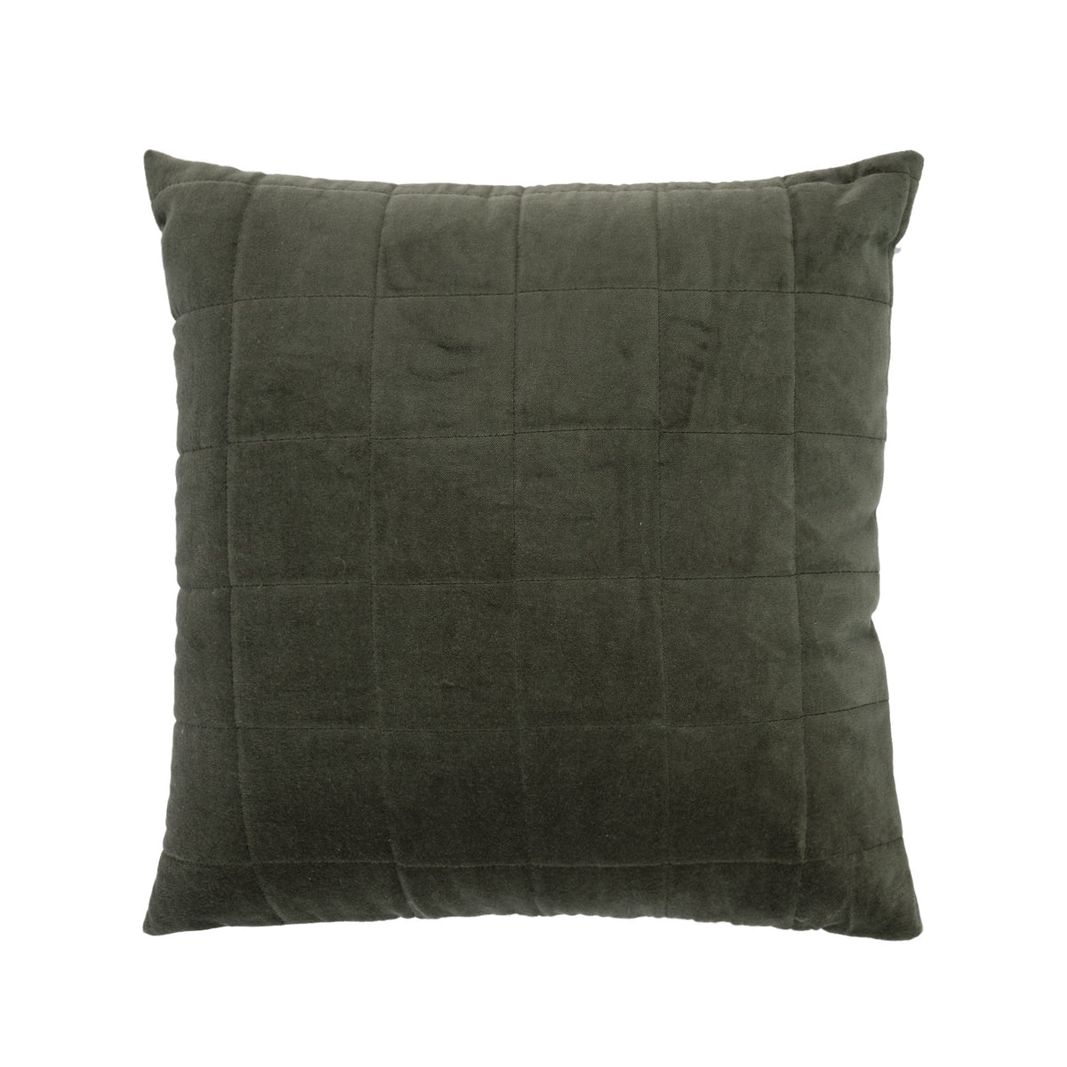 A square olive velvet cushion with a subtle grid-quilted texture, shown against a plain white background.