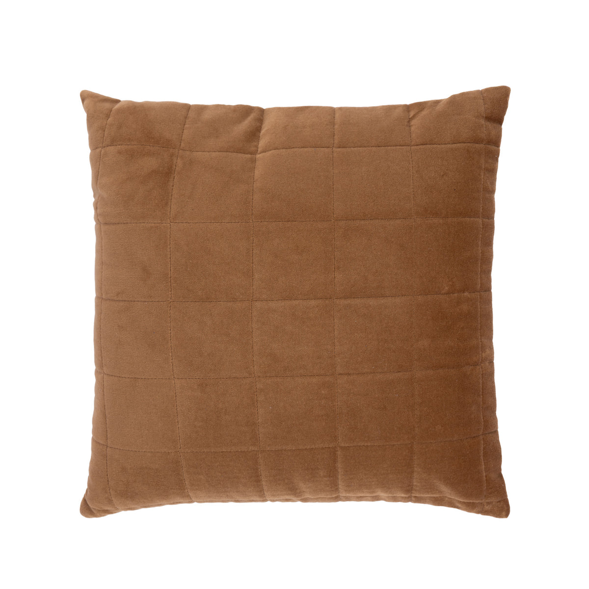 A square rust velvet cushion with a subtle grid-quilted texture, shown against a plain white background.