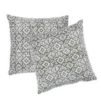 Two square throw pillows with an olive green and white floral block print pattern, shown against a plain white background.