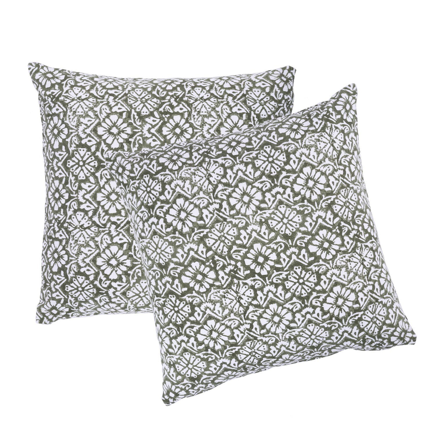 Two square throw pillows with an olive green and white floral block print pattern, shown against a plain white background.
