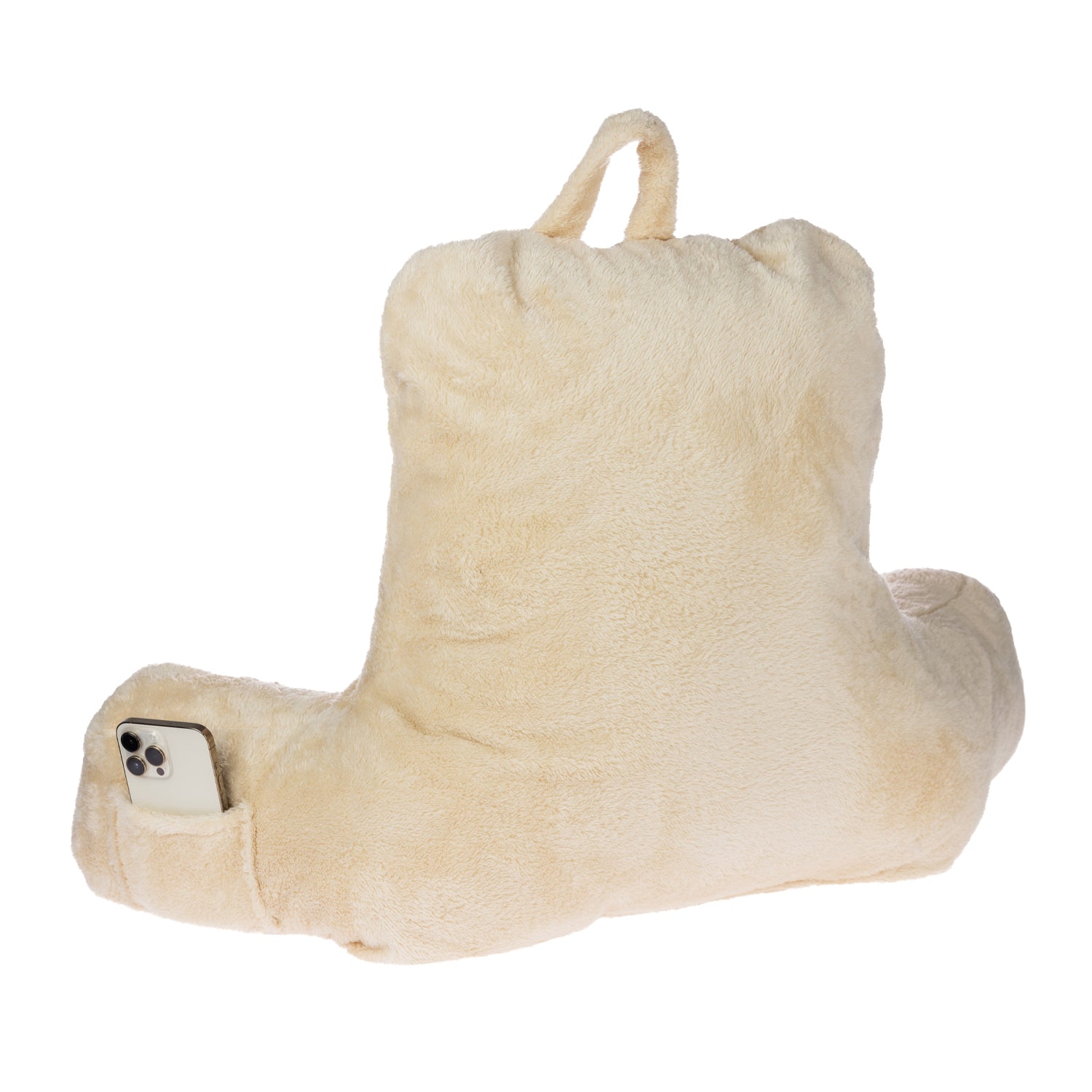 Home Co. Back Rest Cushion Cream shown from the back with a side pocket holding a phone.