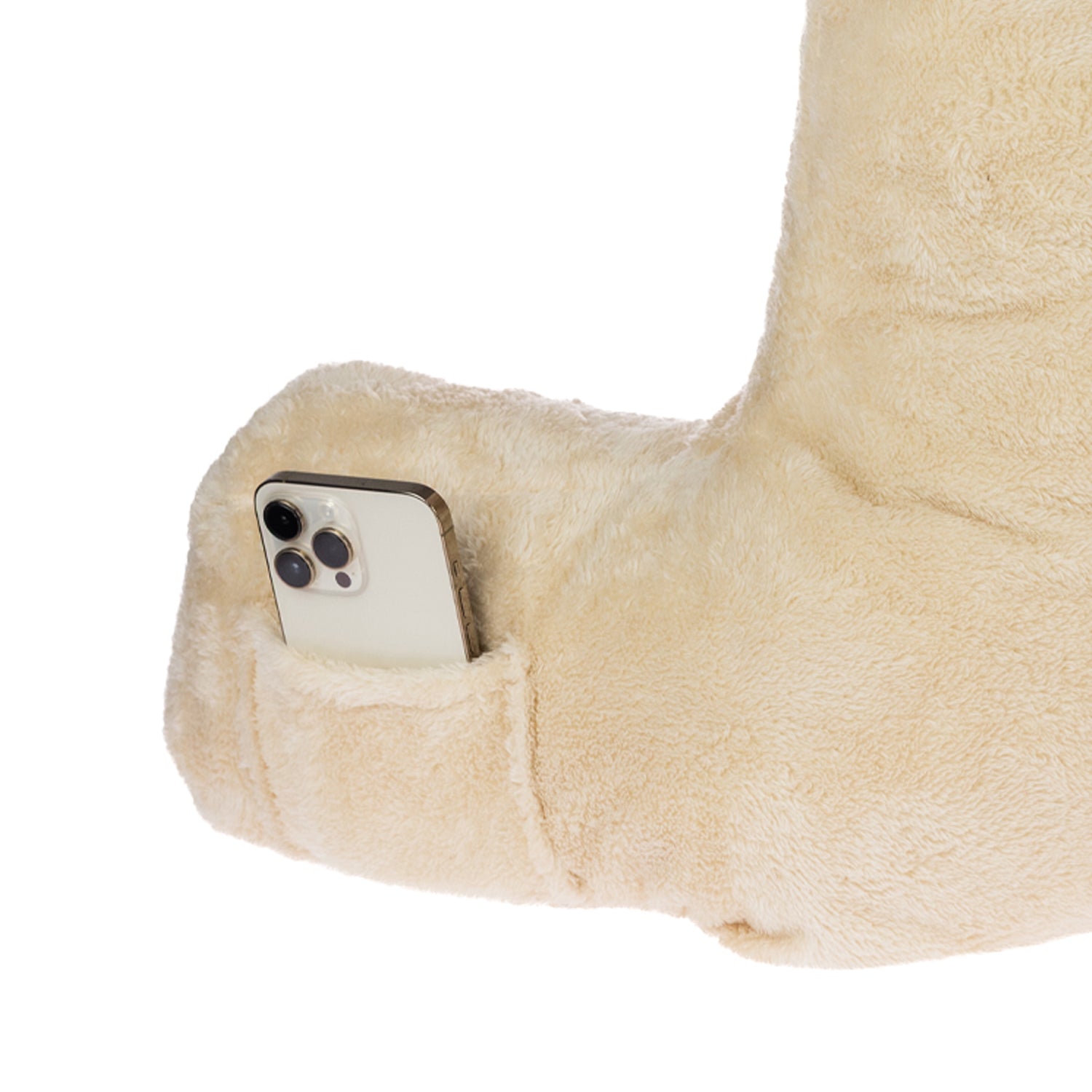 Close-up of the Home Co. Back Rest Cushion Cream side pocket with phone storage.