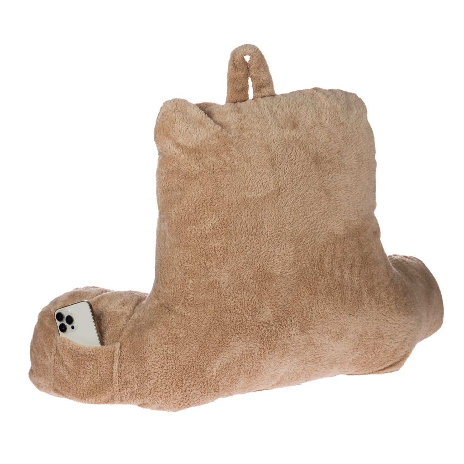 Home Co. Back Rest Cushion Mocha shown from the back with a side pocket holding a phone.