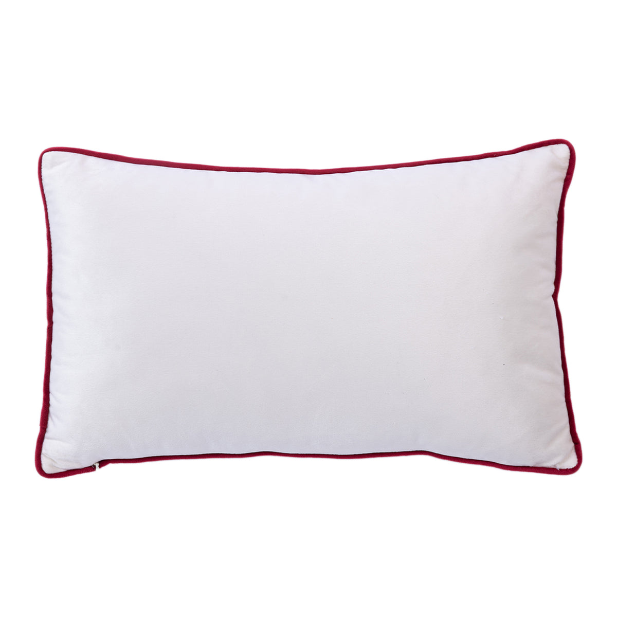 Plain white reverse of the Highland cows Christmas cushion with red piping.