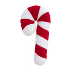 Front view of the candy cane cushion, featuring alternating red and white stripes with a soft textured finish.