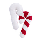 Front and back views of the candy cane cushion, featuring red and white stripes on the front and a plain white reverse.