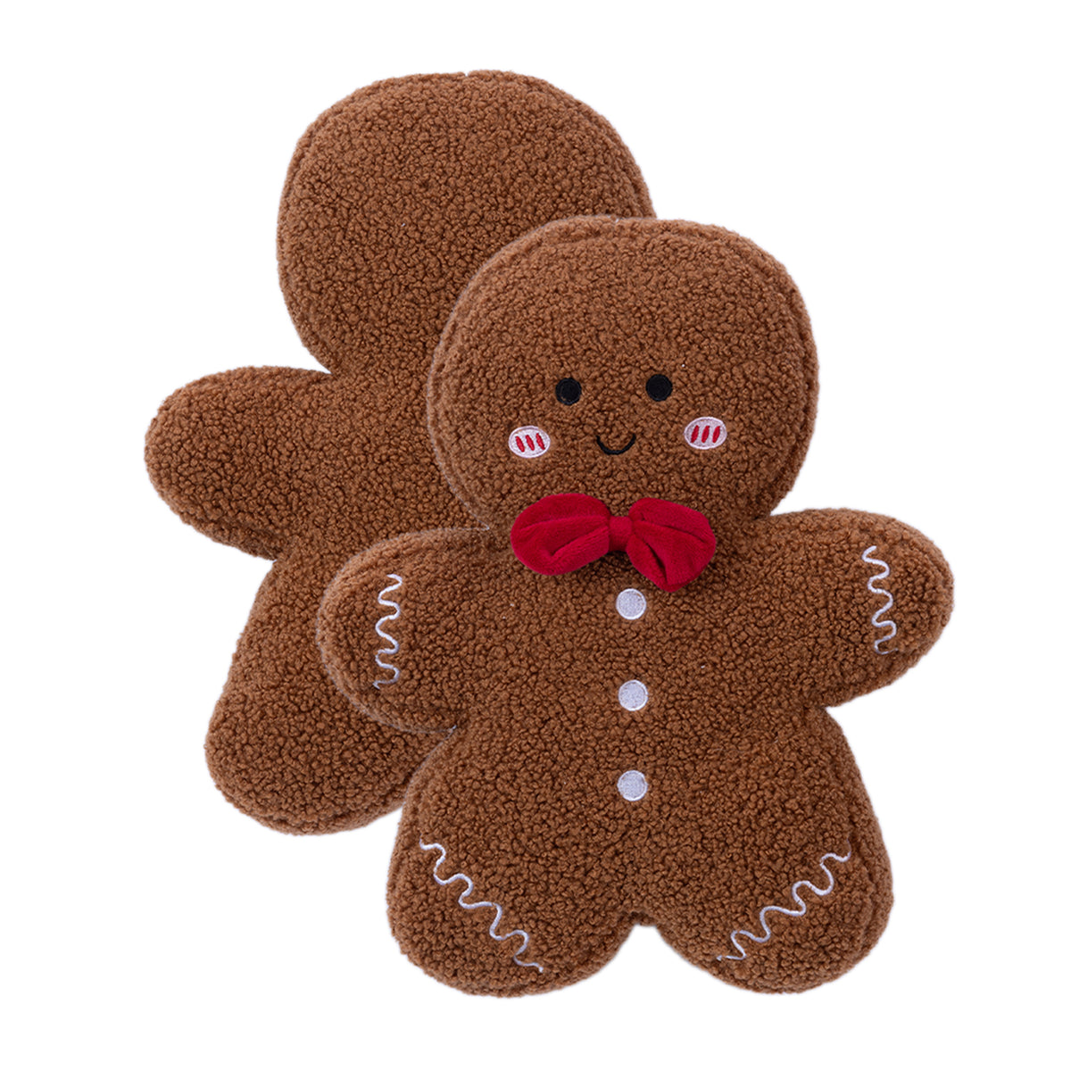 Front and back views of the brown textured gingerbread man cushion, featuring a decorated front and plain brown reverse.