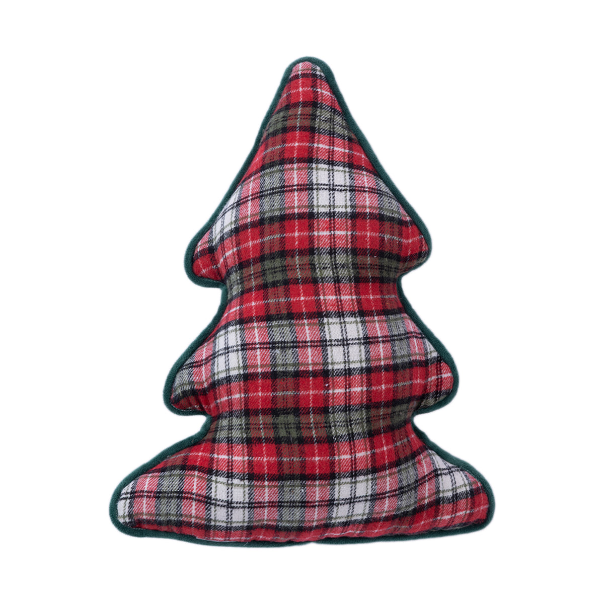 Red, green and white check Christmas tree-shaped cushion with dark green piping, displayed on a white sofa beside a decorated Christmas tree.