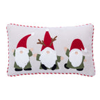 Front view of the white Christmas Gnomes Cushion featuring three festive gnomes with textured white beards, green outfits and red hats.