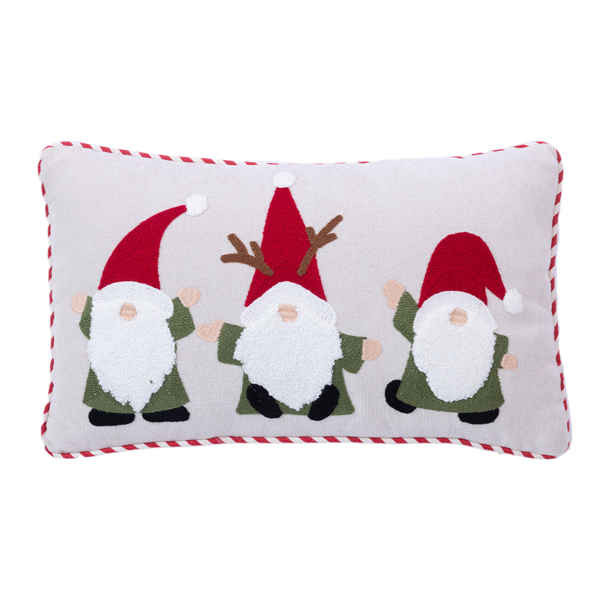 Front view of the white Christmas Gnomes Cushion featuring three festive gnomes with textured white beards, green outfits and red hats.