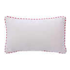 Back view of the plain white Christmas Gnomes Cushion with red and white striped piping against a white background.